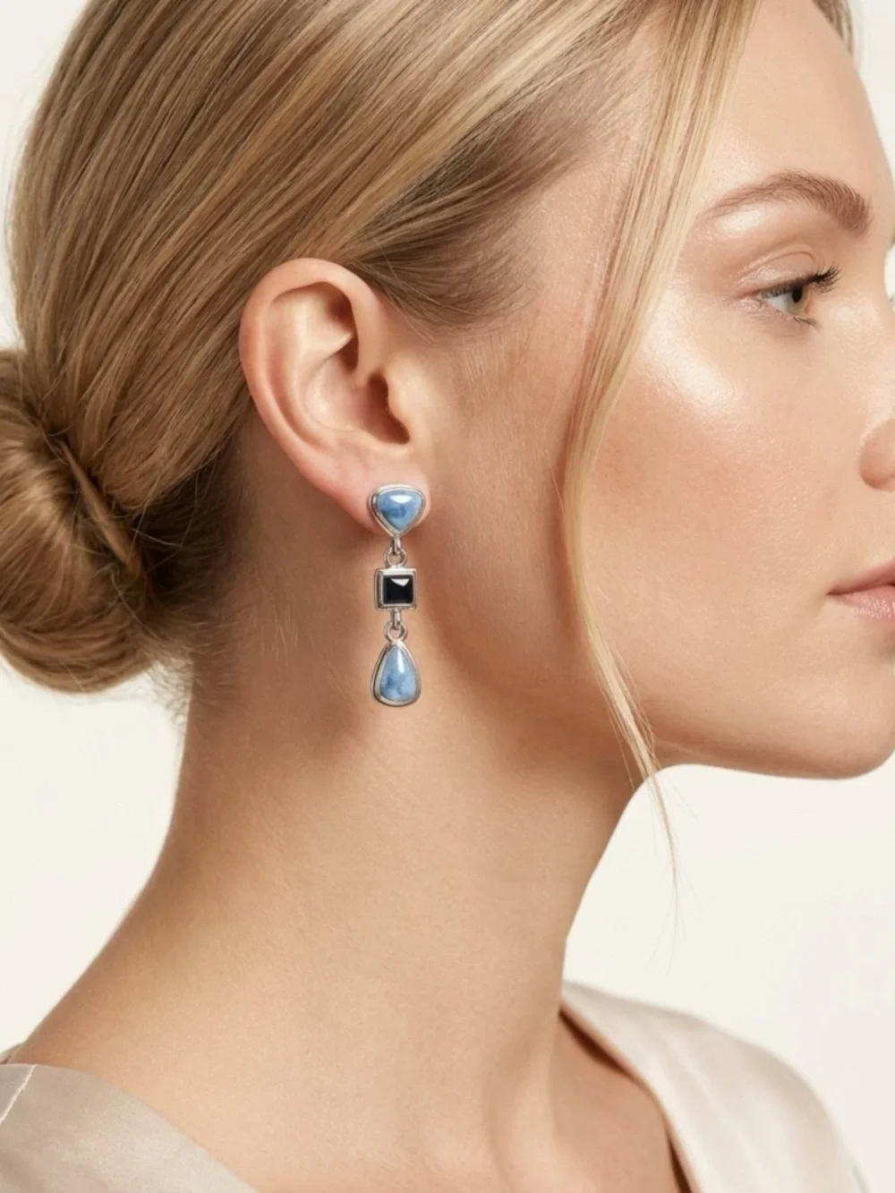 Delicate Blue and Gray Silver Tone Pierced Dangle Earrings